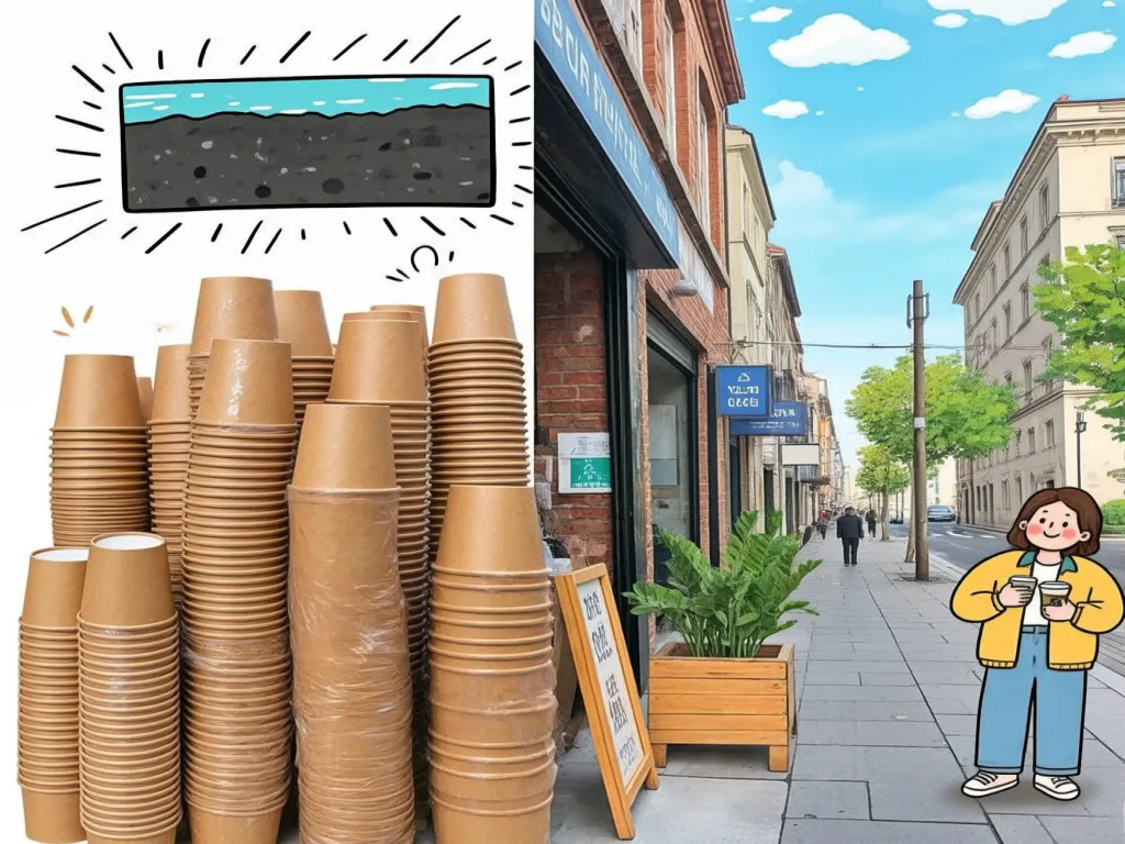 Bulk paper cups stacked beside a street with a cartoon character