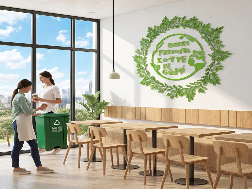 Cafe interior featuring green decor and paper cup recycling