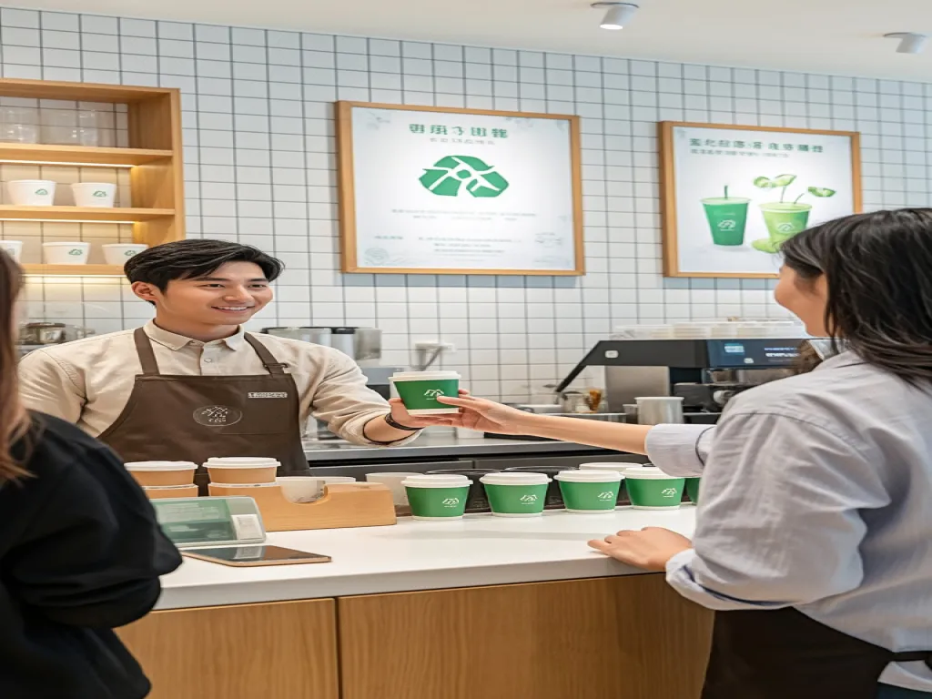Cafe staff serving coffee in eco-friendly cups to a customer