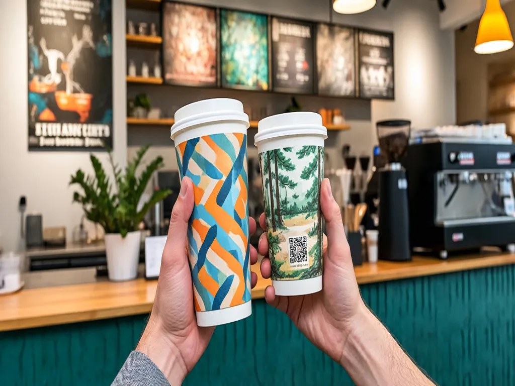 Colorful paper cups with unique designs in a cafe