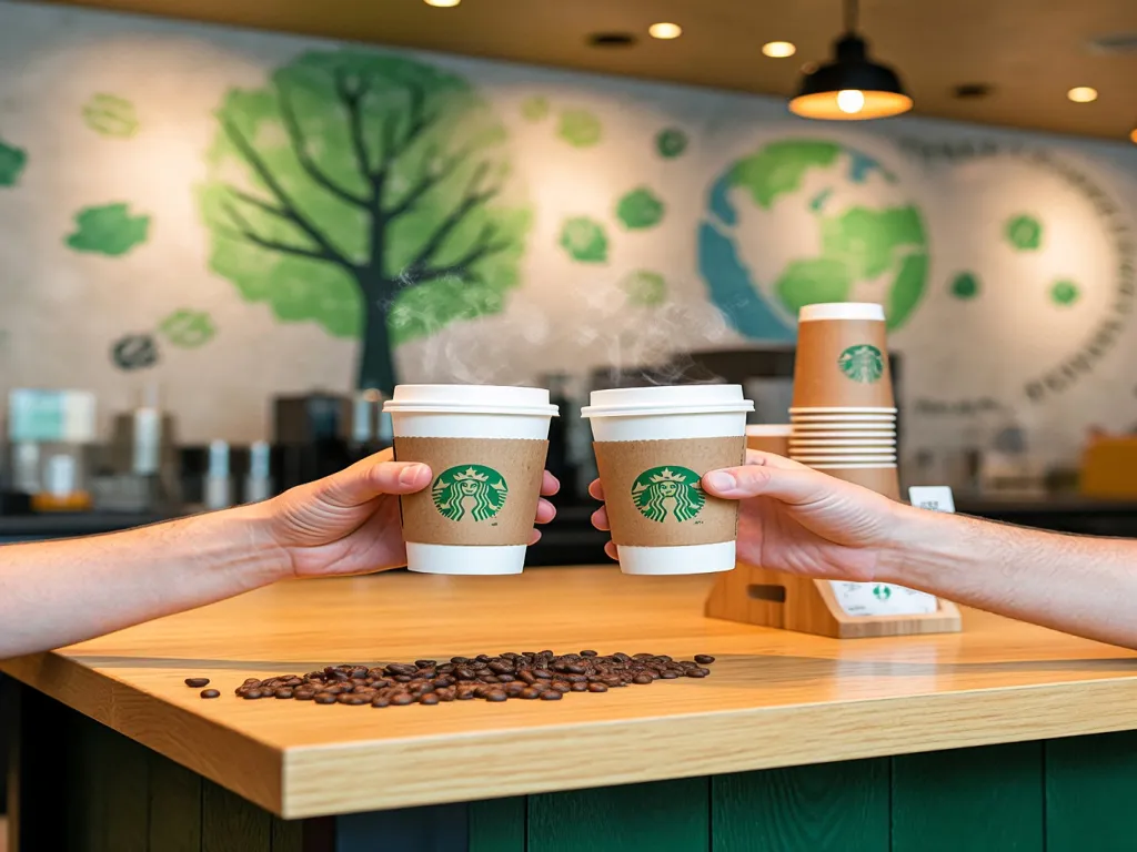 Two hands exchanging eco-friendly coffee cups in a cafe