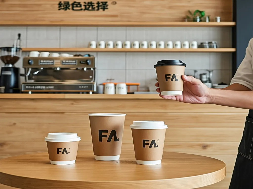 Eco-friendly paper coffee cups on a wooden table