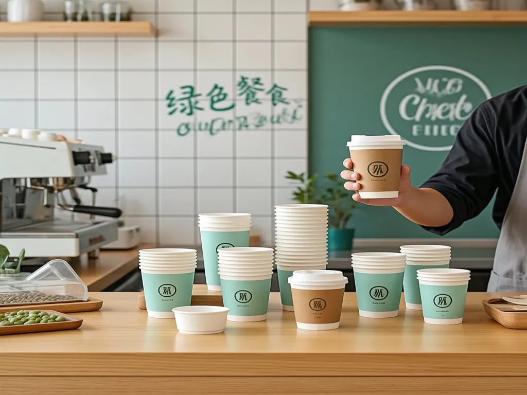 Display of eco-friendly paper cups in a cafe