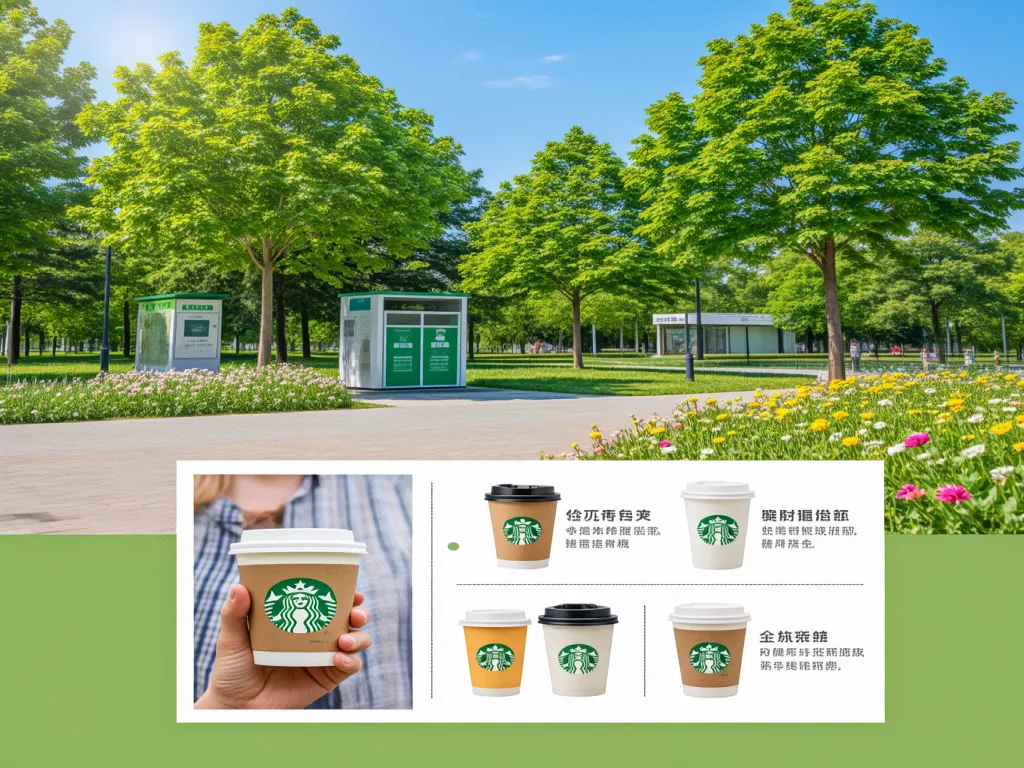 Display of paper coffee cups in an outdoor setting with green trees