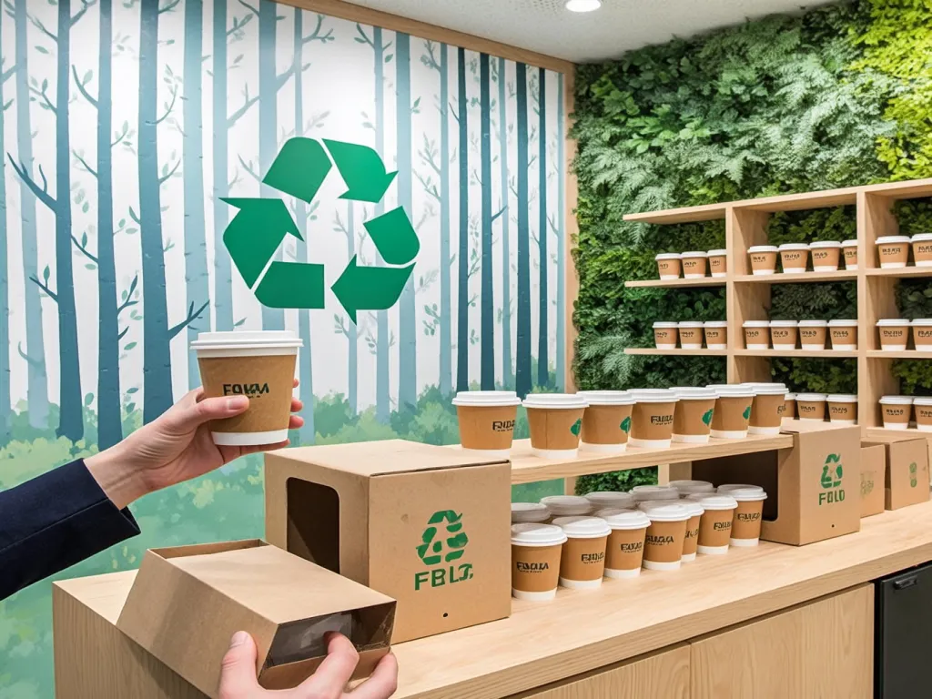Recyclable paper coffee cup in front of a green wall