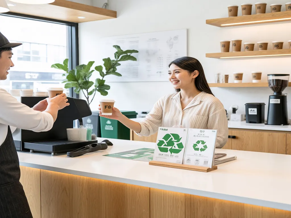 Serving eco-friendly small paper cups at counter