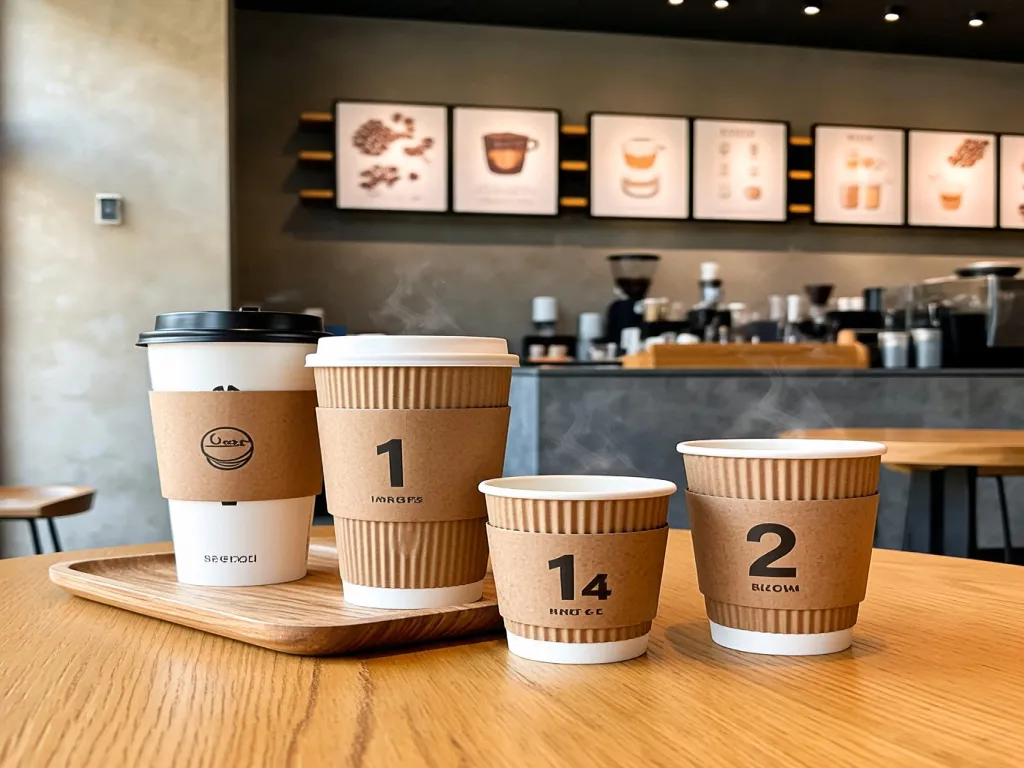 Stacked paper coffee cups with size indicators