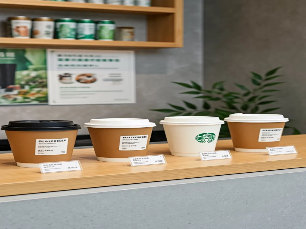 A variety of paper coffee cups with different branding