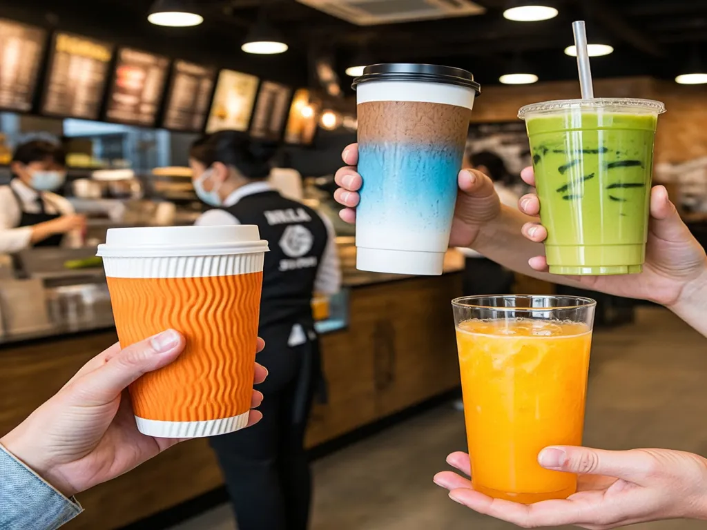 Hands holding various paper cups with different drinks
