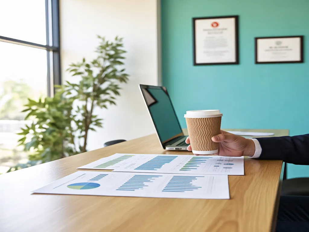 A hand holding a 3 oz paper cup on a desk with charts and a laptop