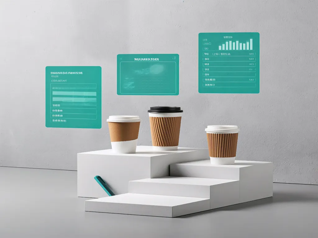 Three 3 oz paper cups on a white display stand with data visuals in the background