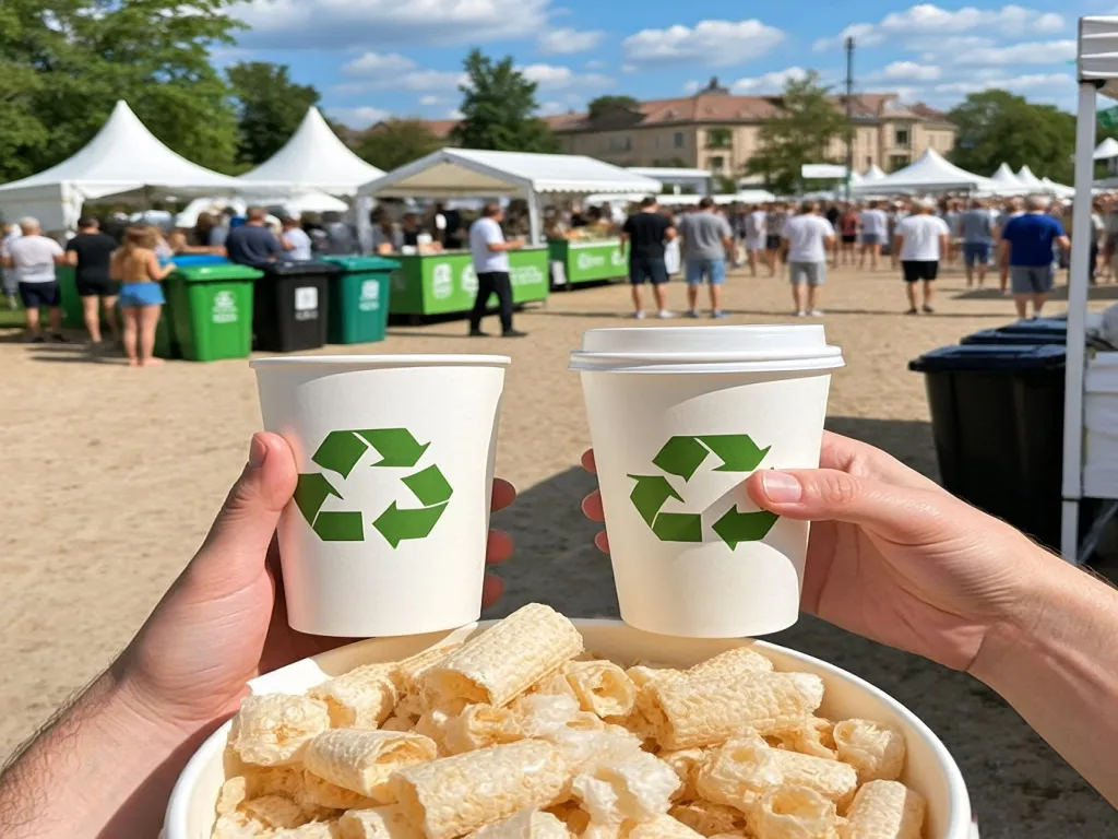 90s paper cups with recycling symbols at an outdoor event