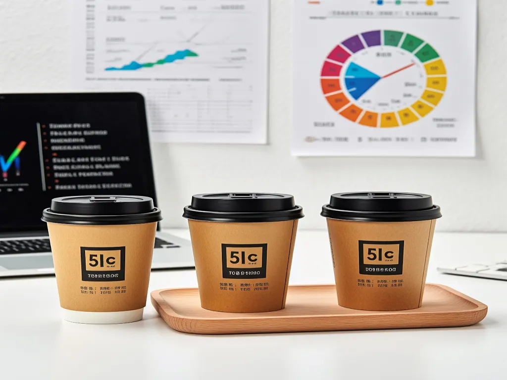 Three branded 3 oz paper cups on a wooden tray with a laptop and charts in the background