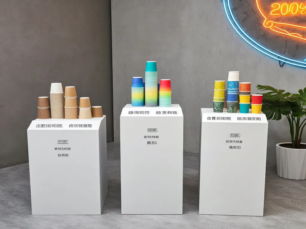 Colorful 90s paper cups displayed on white pedestals