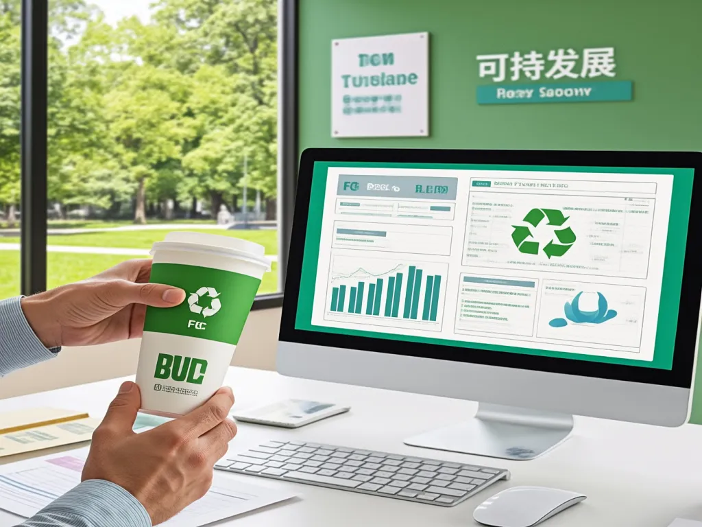 A hand holding a green-branded 3 oz paper cup in front of a computer screen with eco data