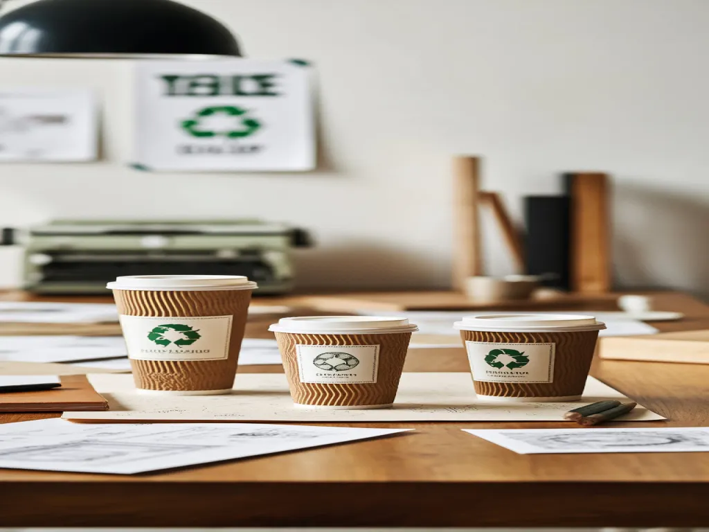 Eco-friendly 90s paper cups on a desk with recycling symbols