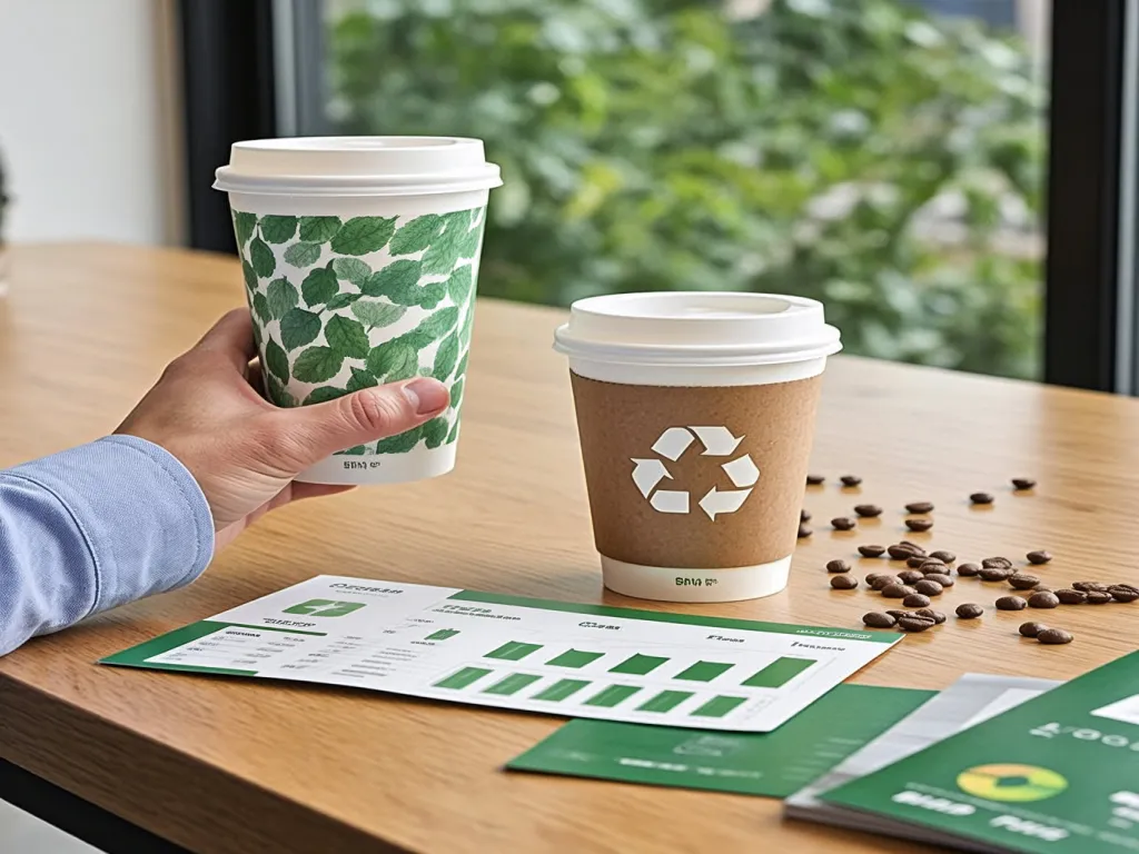 Green themed 5 ounce paper cups with recycle logo