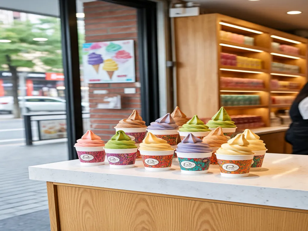 Colorful paper ice cream cups on a cafe counter