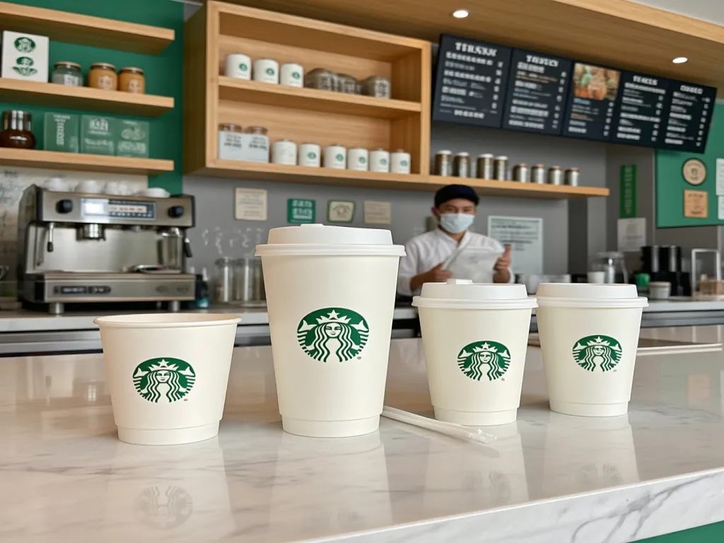 Custom paper cups on a cafe counter