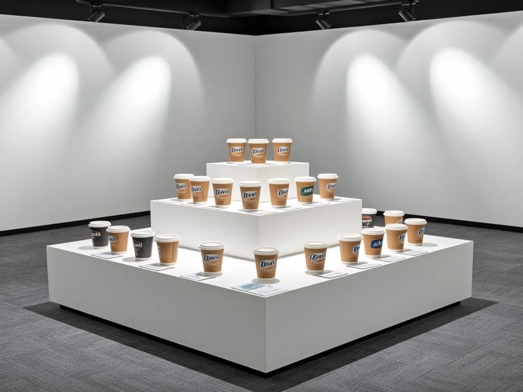 Tiered display of 5 oz paper cups in a modern showroom