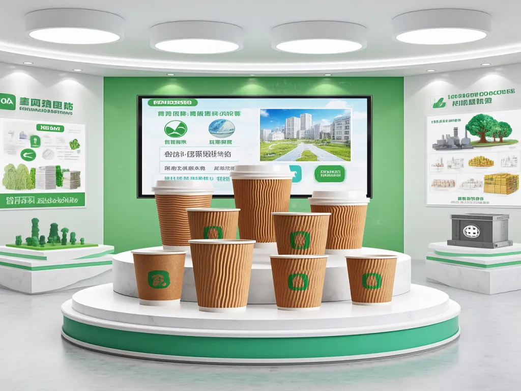 Eco-friendly 5 oz paper cups in a green-themed exhibition space