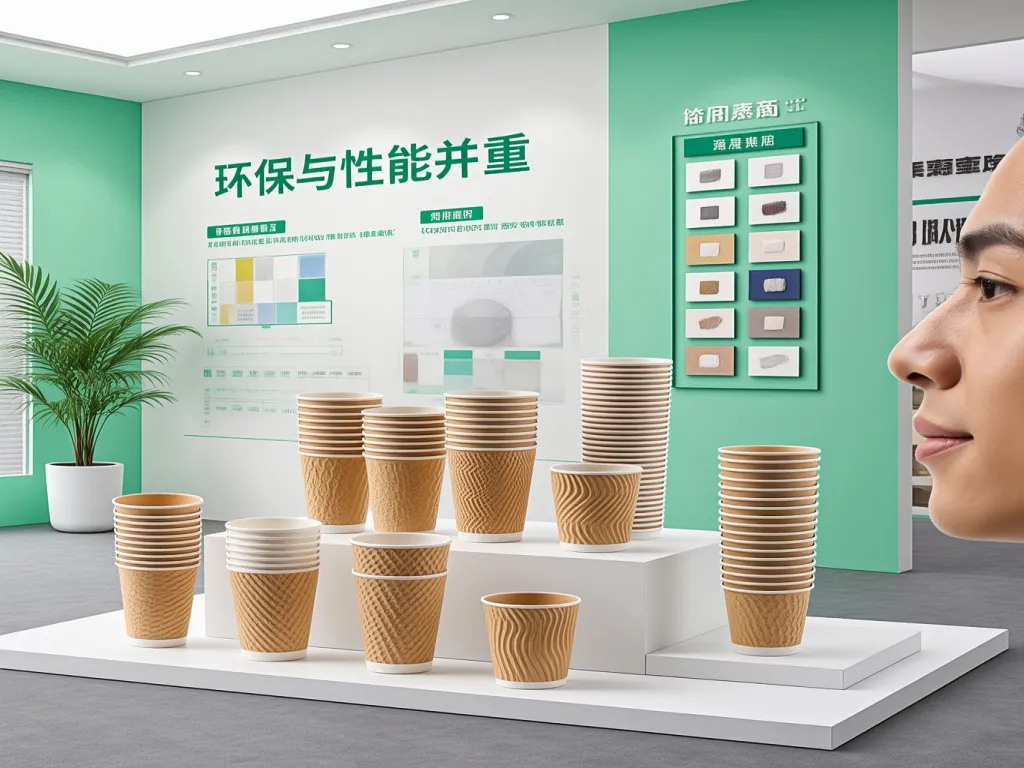 Sustainable paper cup display emphasizing环保与性能并重