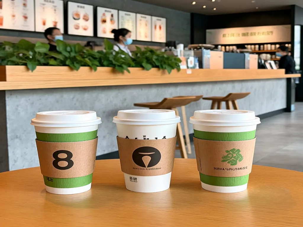Branded 8 oz paper cups in a cafe setting