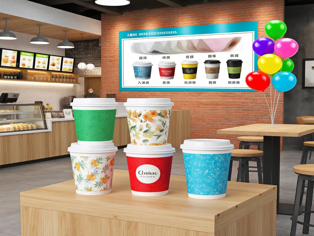 Colorful paper tea cups on display in a café