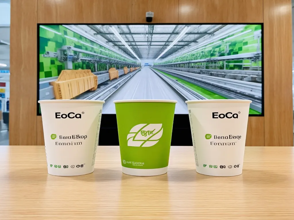 Eco-conscious 8 oz paper cups with factory backdrop