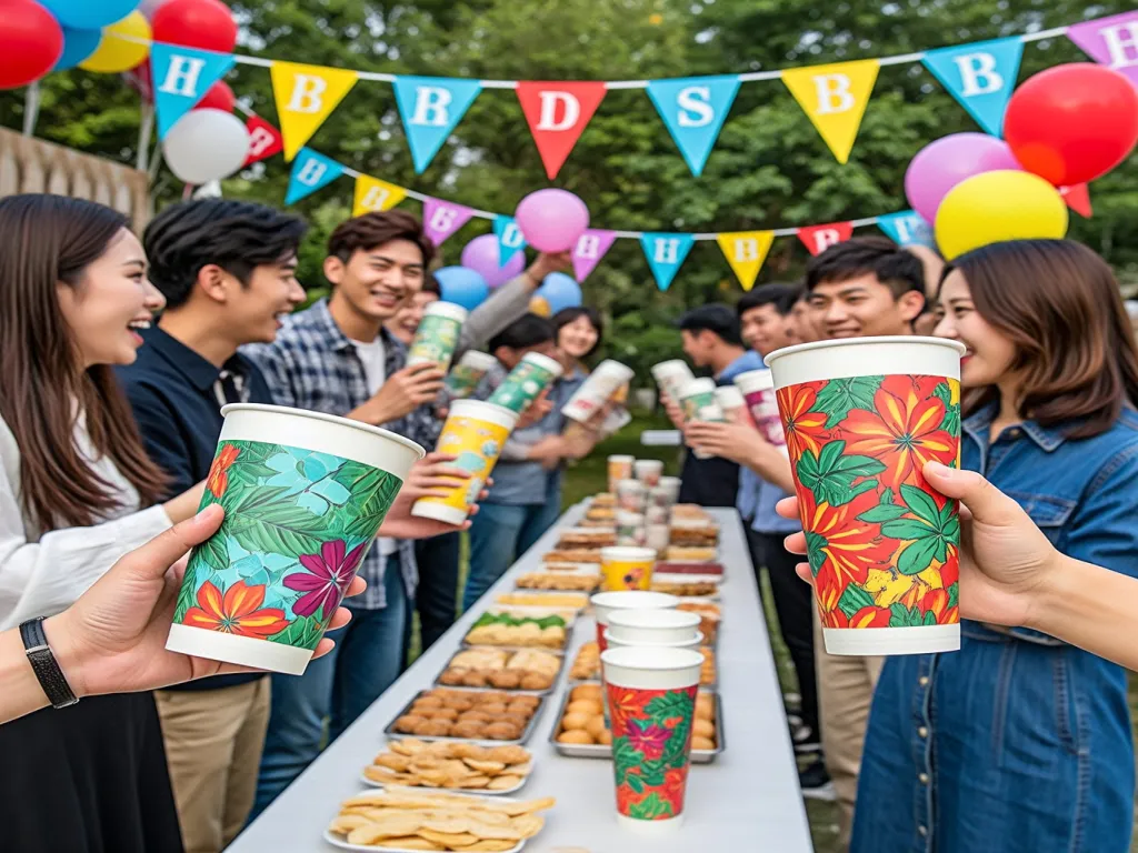 People at a party holding floral paper tea cups