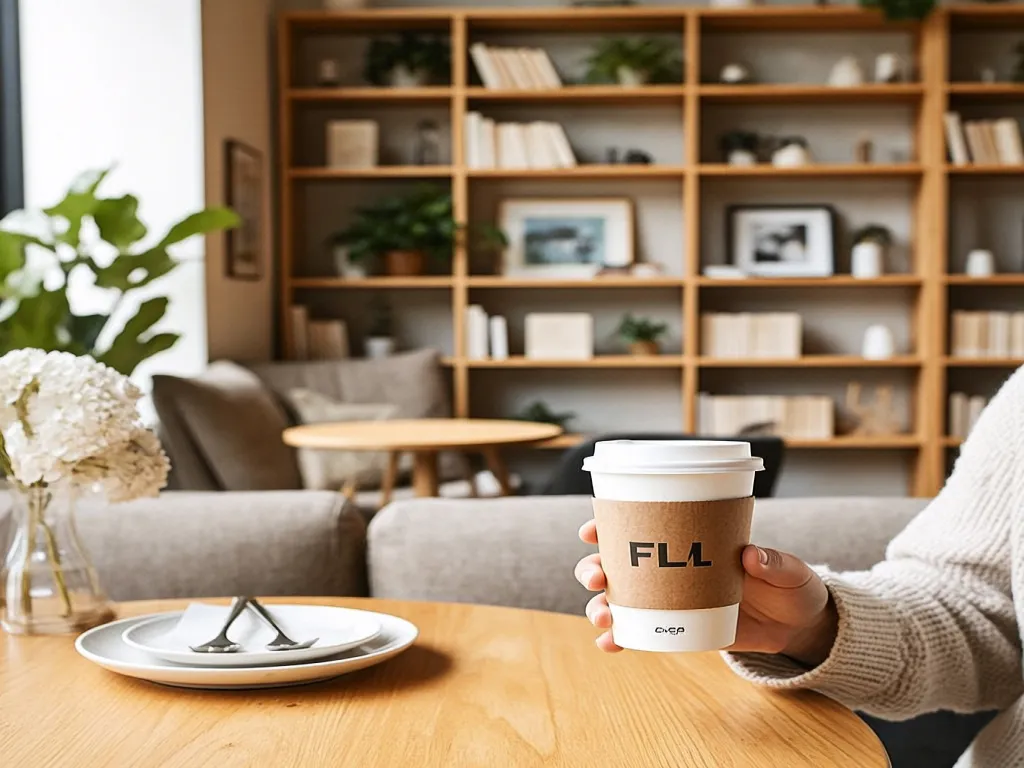 Person holding a branded paper tea cup indoors