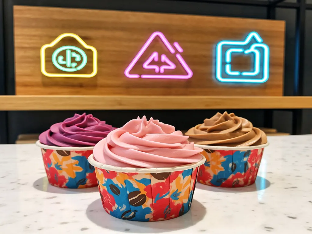Colorful frosted muffins in patterned paper cups