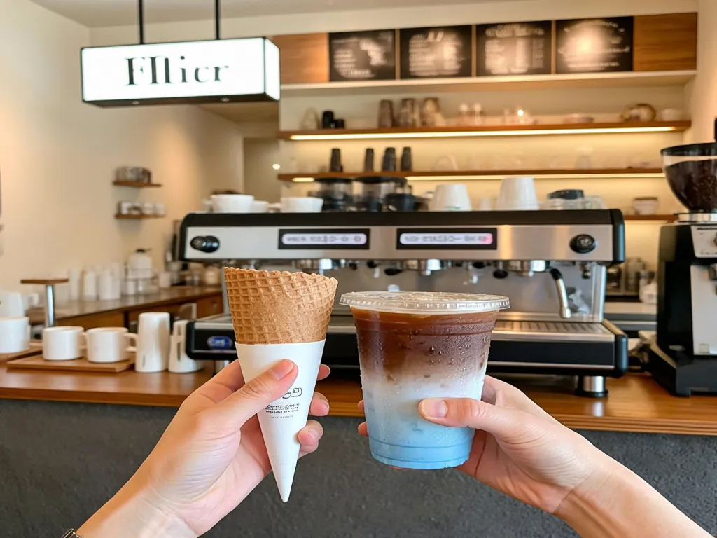 Creative presentation of paper cone cups with ice cream and drink