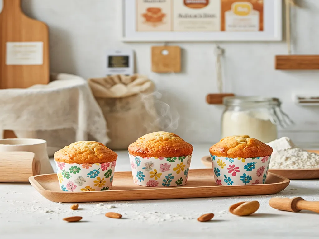 Muffins in colorful decorative paper cups on a wooden tray