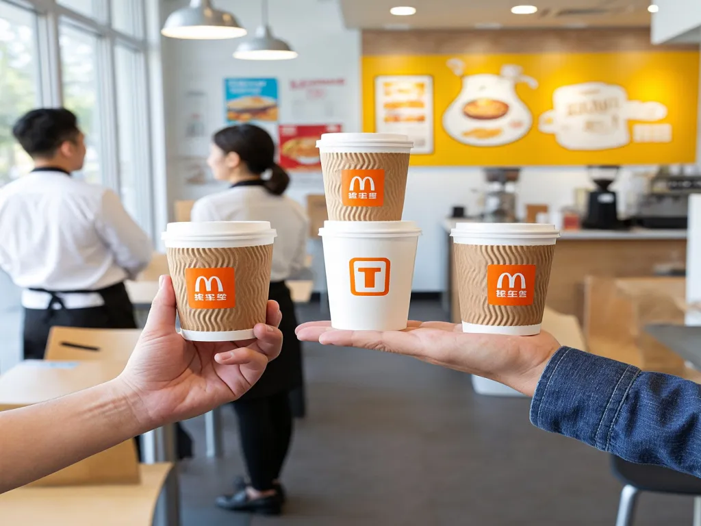 Disposable paper cups in a cafe setting