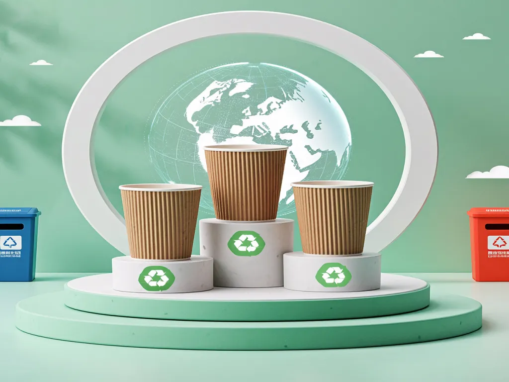 Eco-friendly muffin paper cups with recycling symbols on display