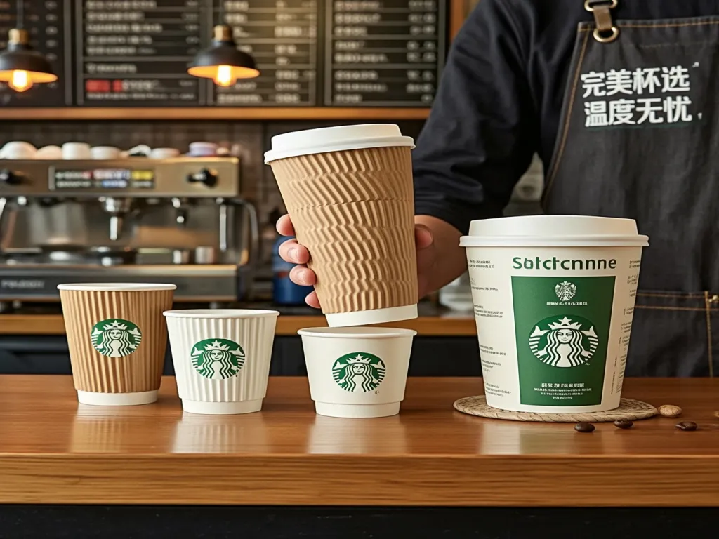 Assorted eco-friendly paper cone cups in a café