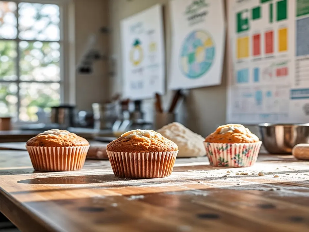 Freshly baked muffins in paper cups on a wooden table