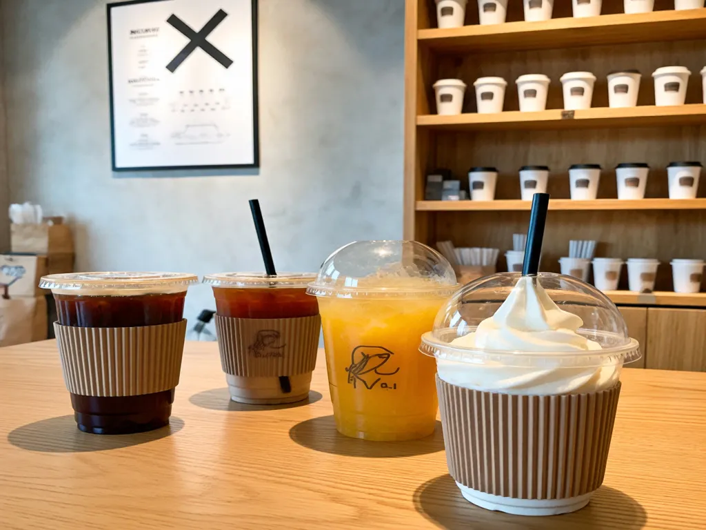 Assorted drinks in paper cups with lids on a counter