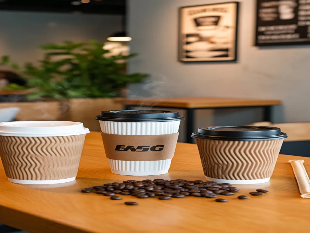 Branded paper cups with lids on a wooden table