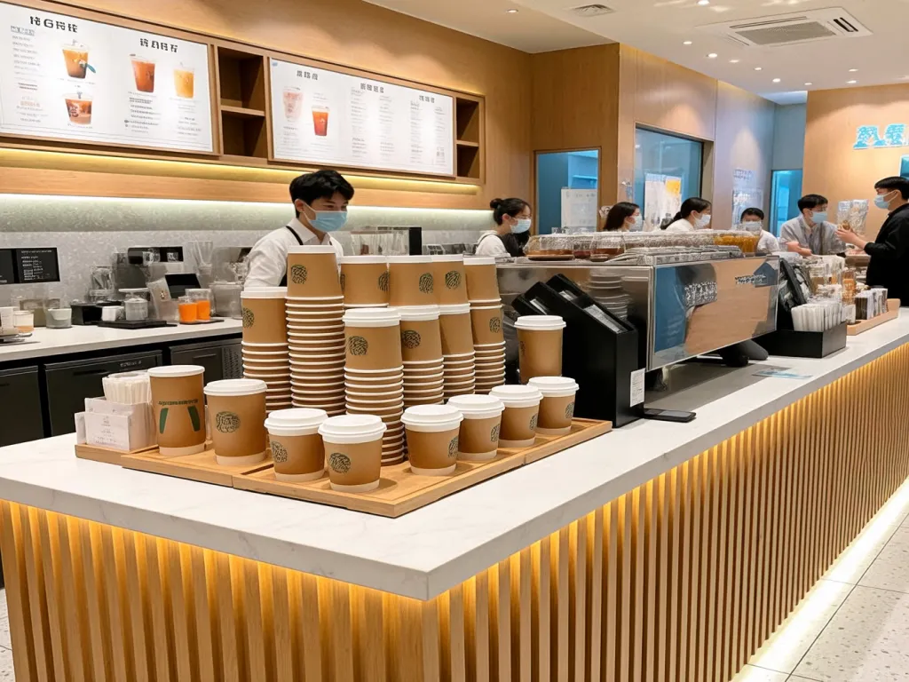 Stacks of paper cups with lids in a coffee shop