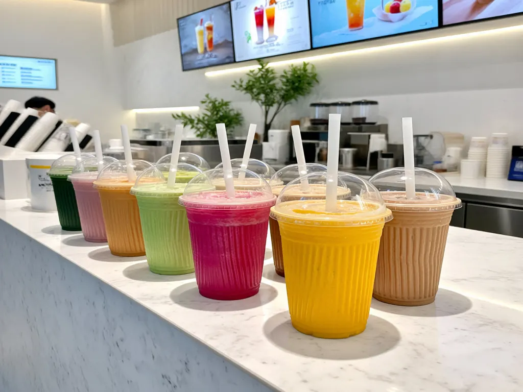 Colorful drinks in paper cups with lids and straws