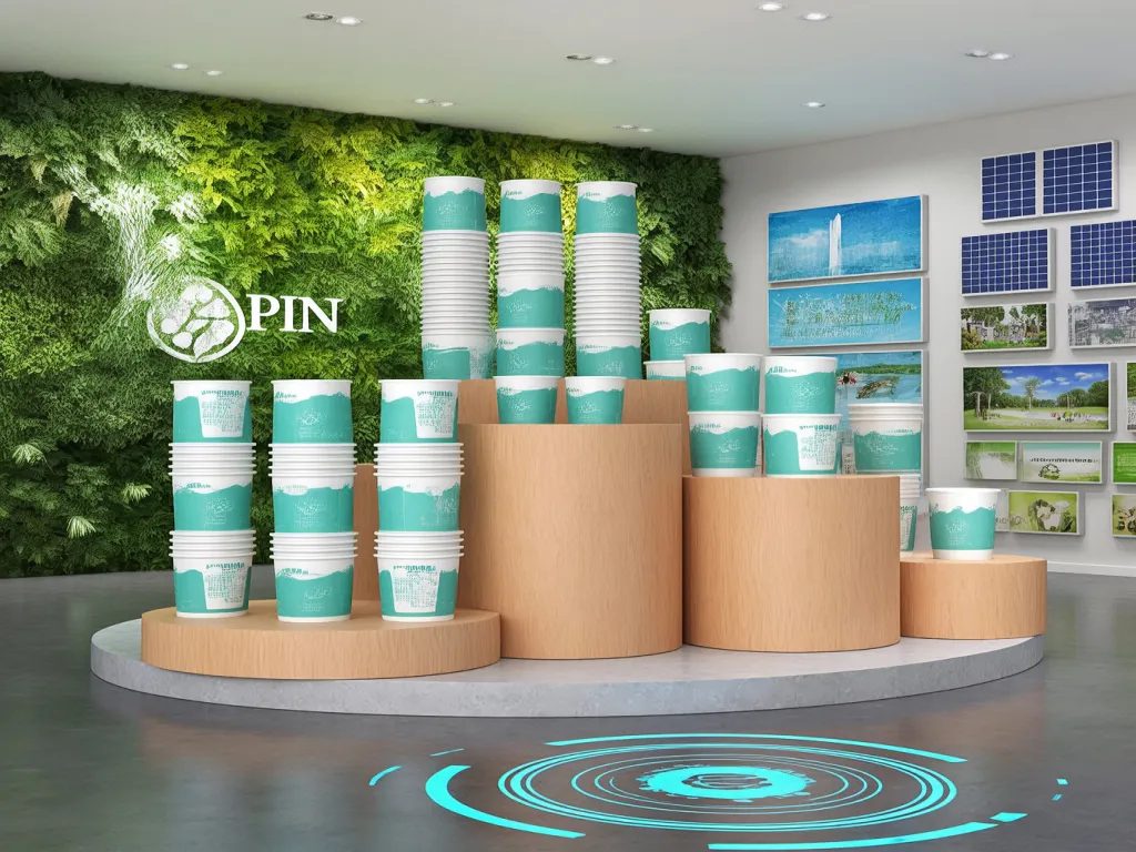 Eco paper cup display in a store with green wall