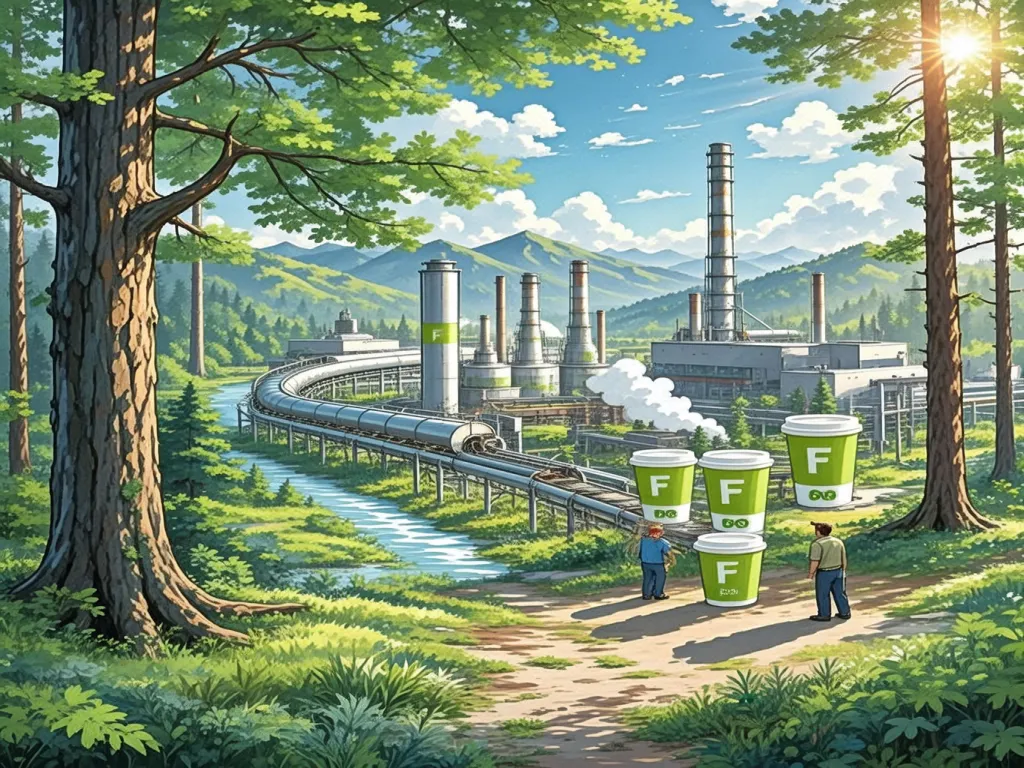Green paper cups in a natural setting with factory in background