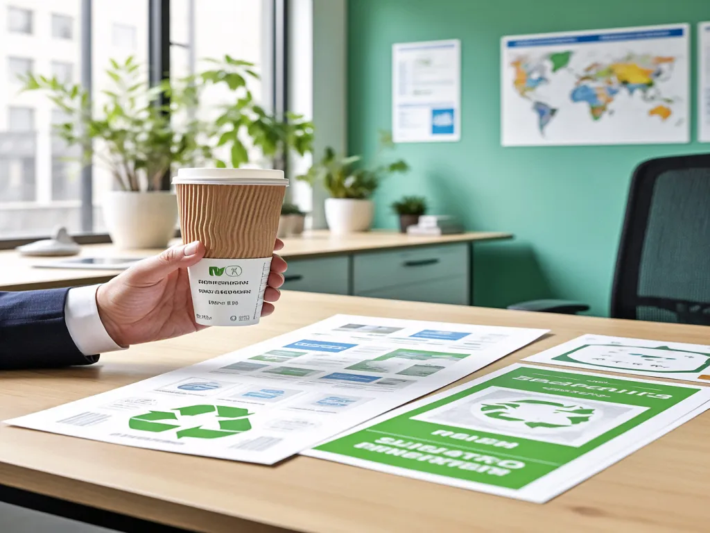 A hand holding a brown conical paper cup in an office