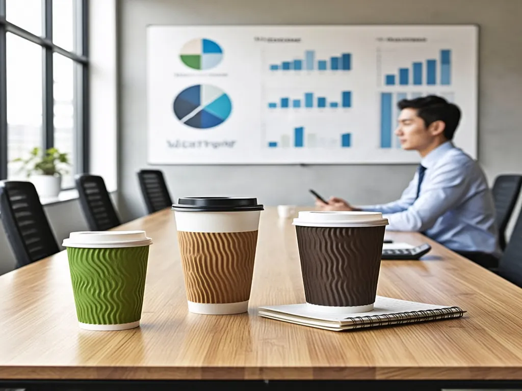 Custom paper coffee cups on a meeting table