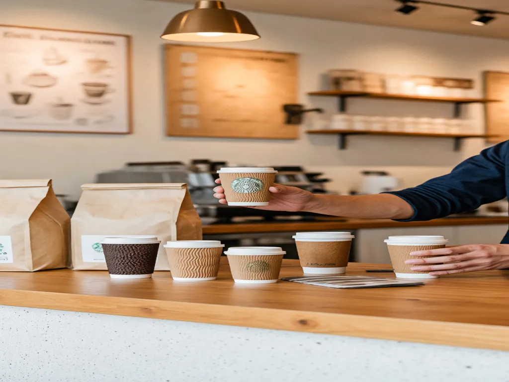 Custom paper coffee cups on a cafe counter