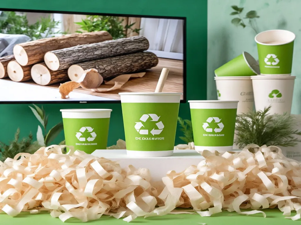 Green Dixie paper cups displayed with a recycling symbol and wood logs in the background
