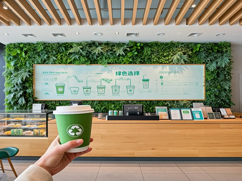 Hand holding a green Dixie paper cup in a store with a green wall and plants