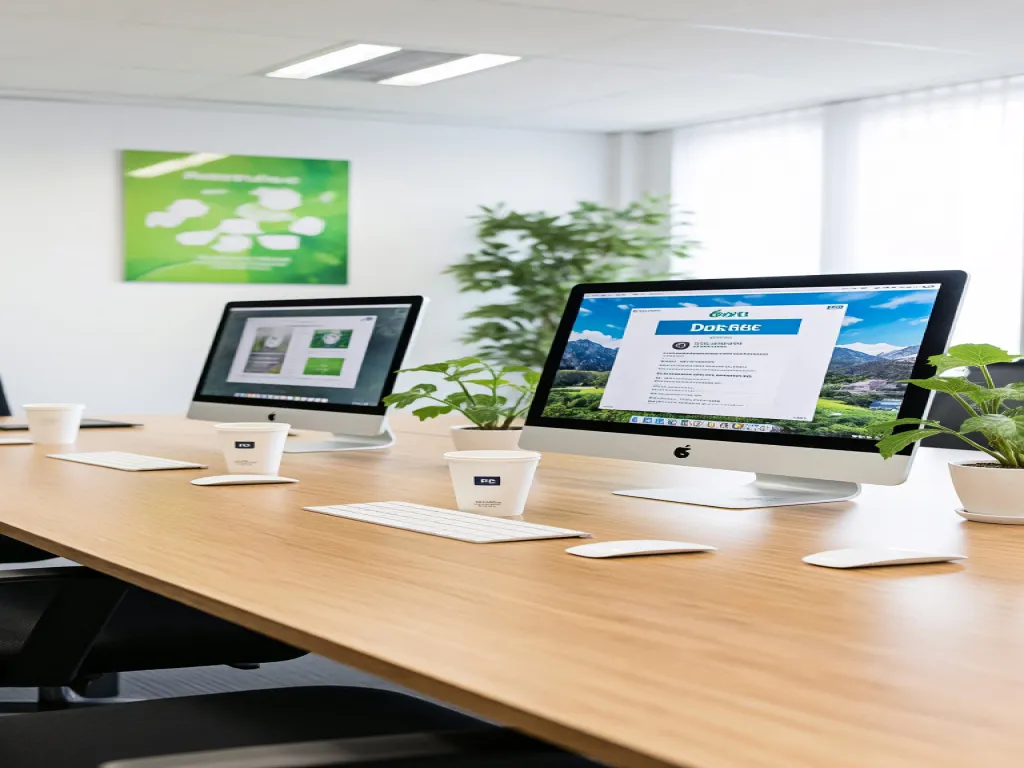 Office desk with computers and white Dixie paper cups